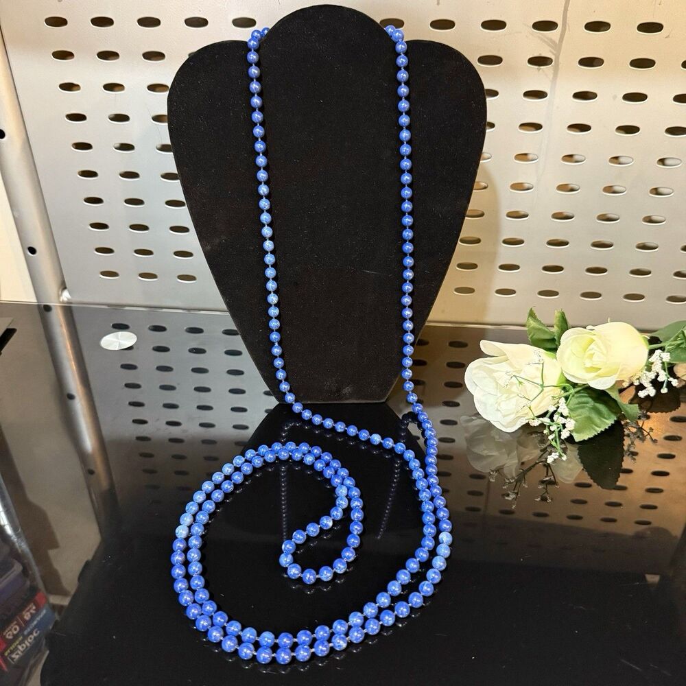 Long Blue Beaded Necklace Marbled Round Beads Double Strand Screw Clasp - Picture 5 of 12